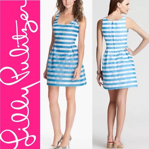 LILLY PULITZER Joslin Flutter Blue Ribbon Floral Stripe Dress - Size 2 - Picture 1 of 6